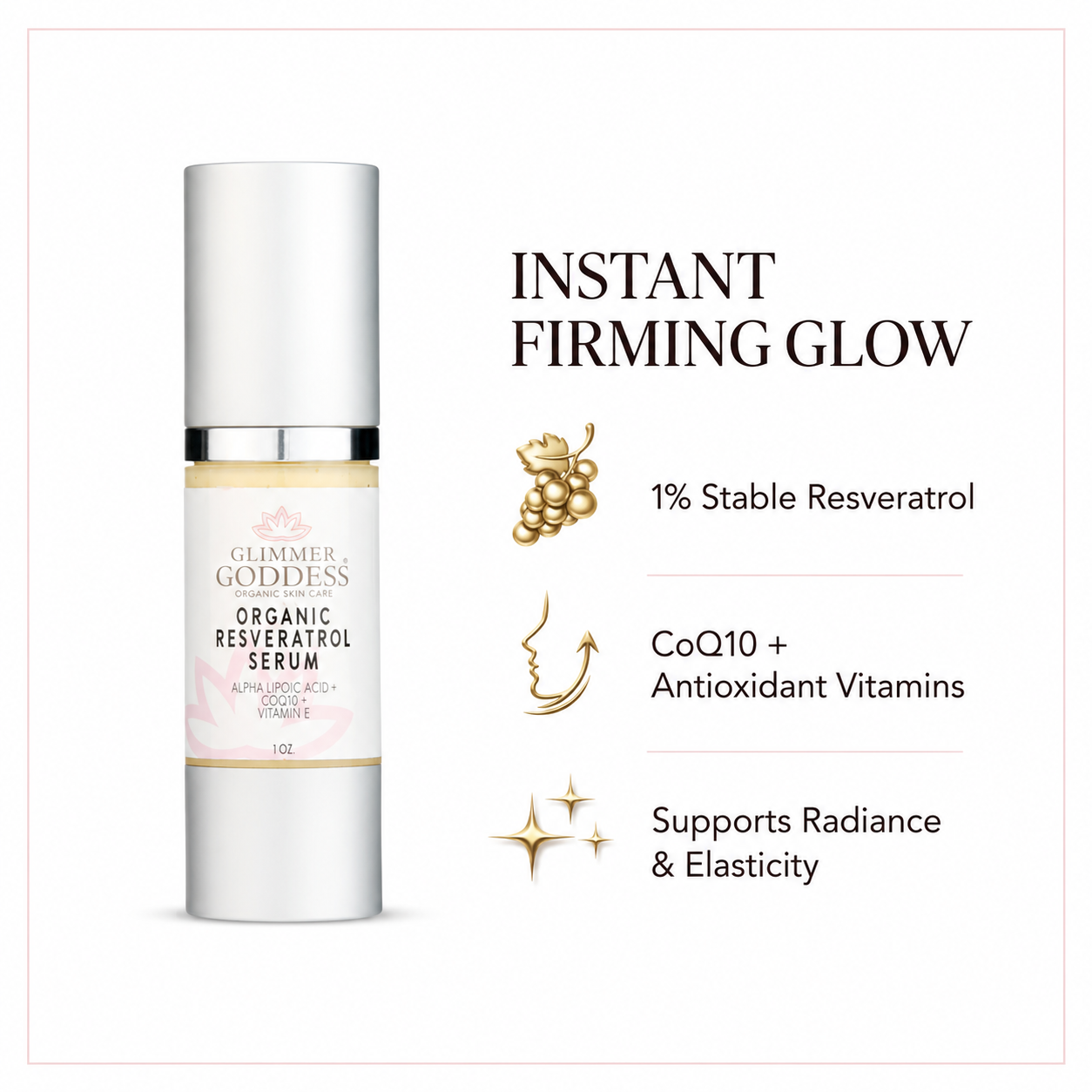 Glimmer Goddess® Organic Resveratrol Serum with CoQ10 shown on a clean white background with antioxidant firming and radiance benefit callouts.
