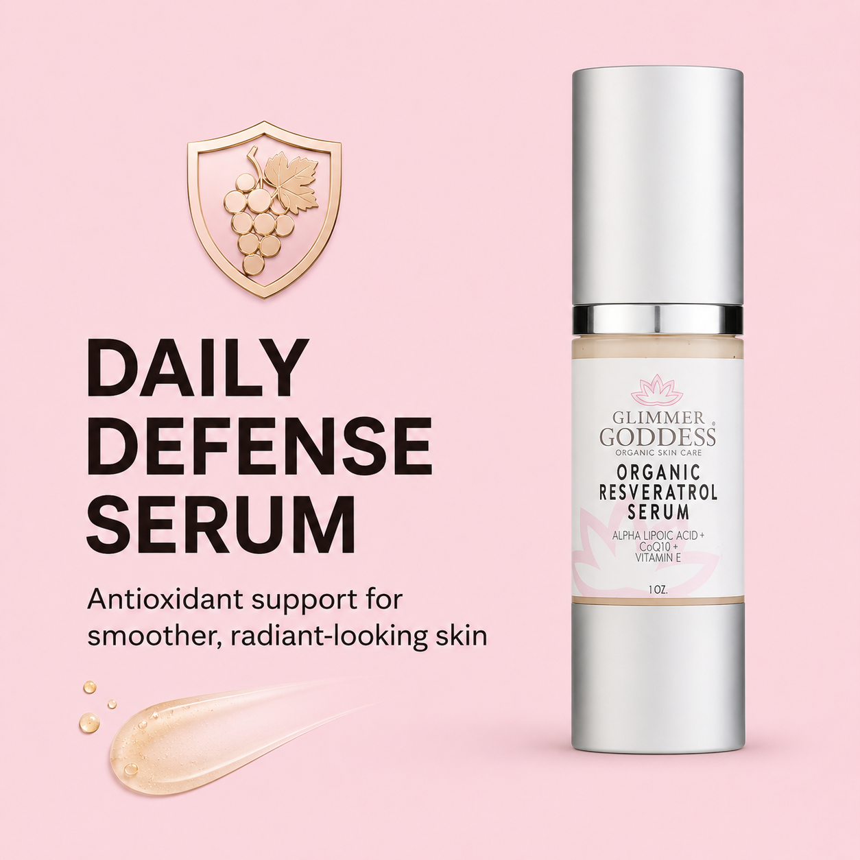 Glimmer Goddess® Organic Resveratrol Serum shown on a soft pink background with a daily defense serum callout for smoother radiant-looking skin.