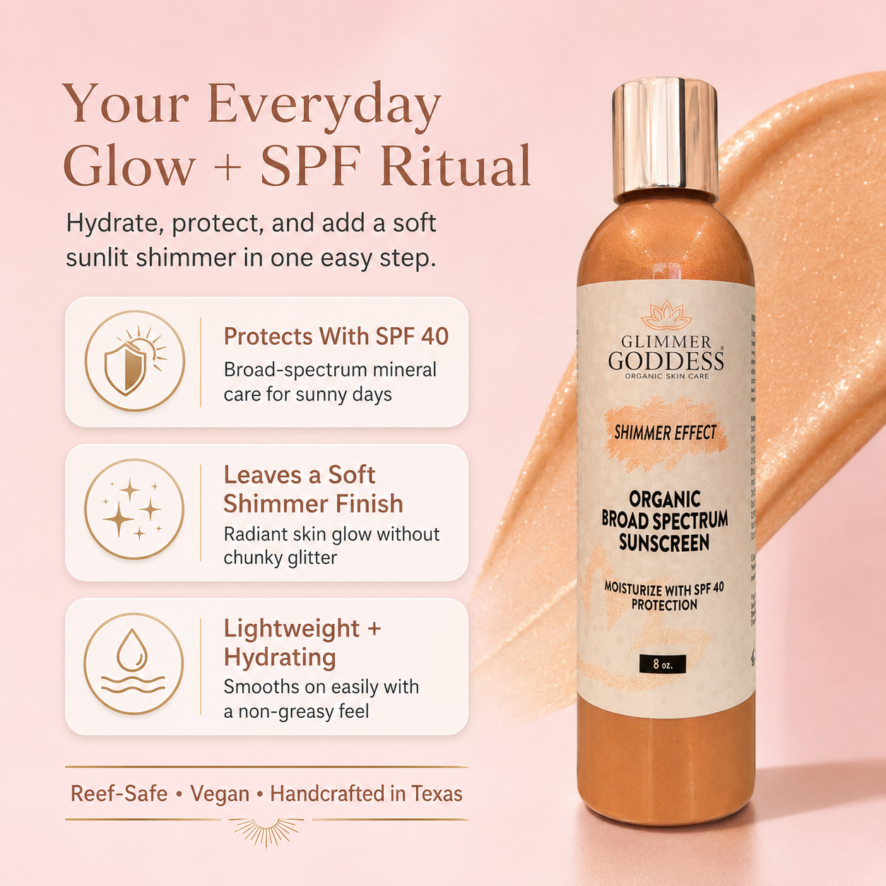 Ultra-realistic Shopify special call-out image for Glimmer Goddess® Goddess Glow Shimmer Suntan Lotion SPF 40 showing the correct bronzed shimmer sunscreen bottle from Image #1 with final conversion callouts for SPF 40 protection, soft shimmer glow, lightweight hydration, reef-safe care, vegan formula, and handcrafted in Texas quality on a Cotton Candy #F6DFE5 background.