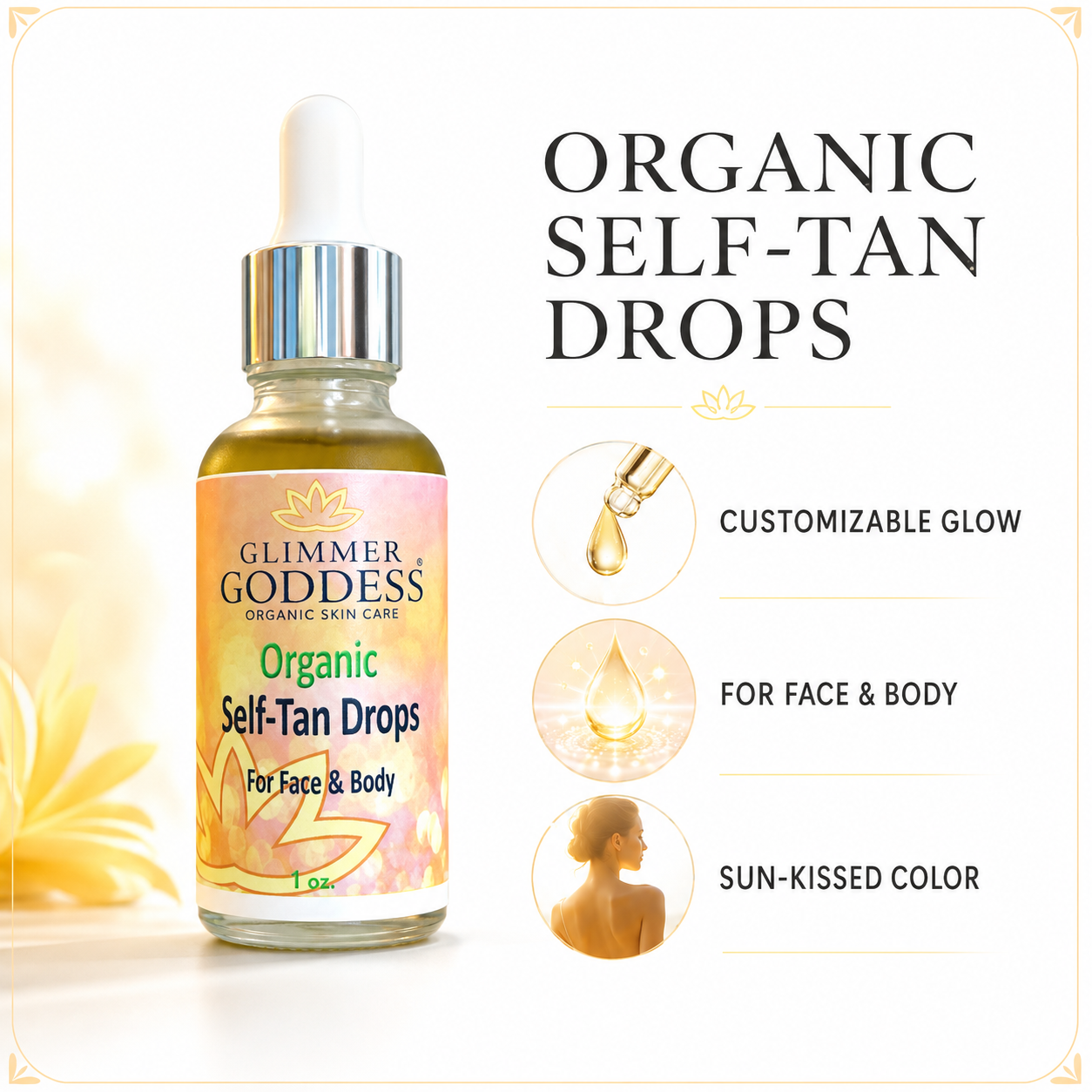 Gotas autobronceadoras orgánicas para rostro y cuerpo, 1 oz.