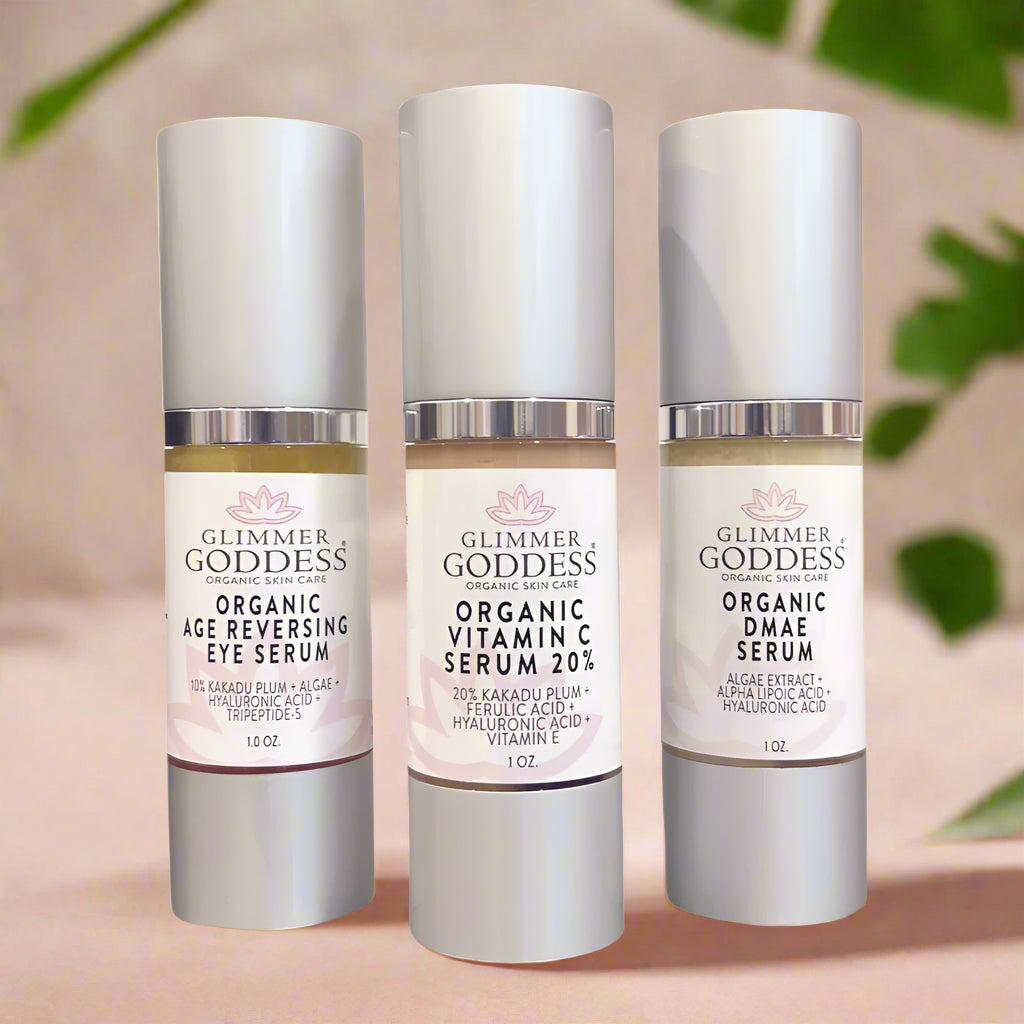 Organic Anti-Aging Trio Vitamin C + DMAE + Age Reversing Eye Serum - Glimmer Goddess® Organic Skin Care