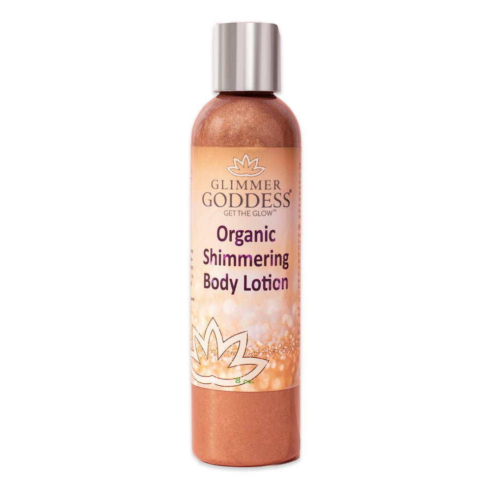 Organic Bronze Shimmer Body Lotion by Glimmer Goddess® with buildable luminous glow and shimmering bronze finish.