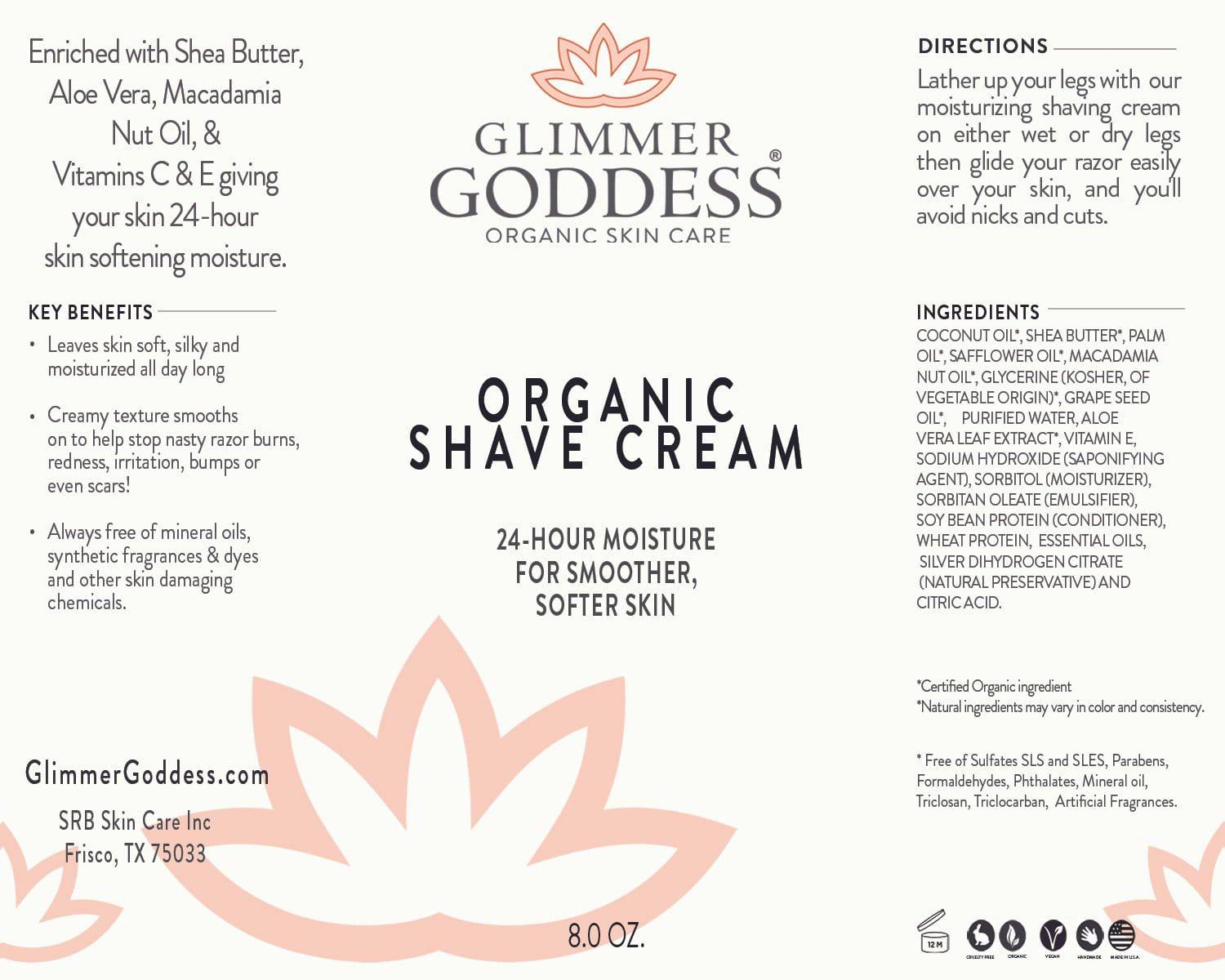 Organic Shave Cream bottle label from Glimmer Goddess®
