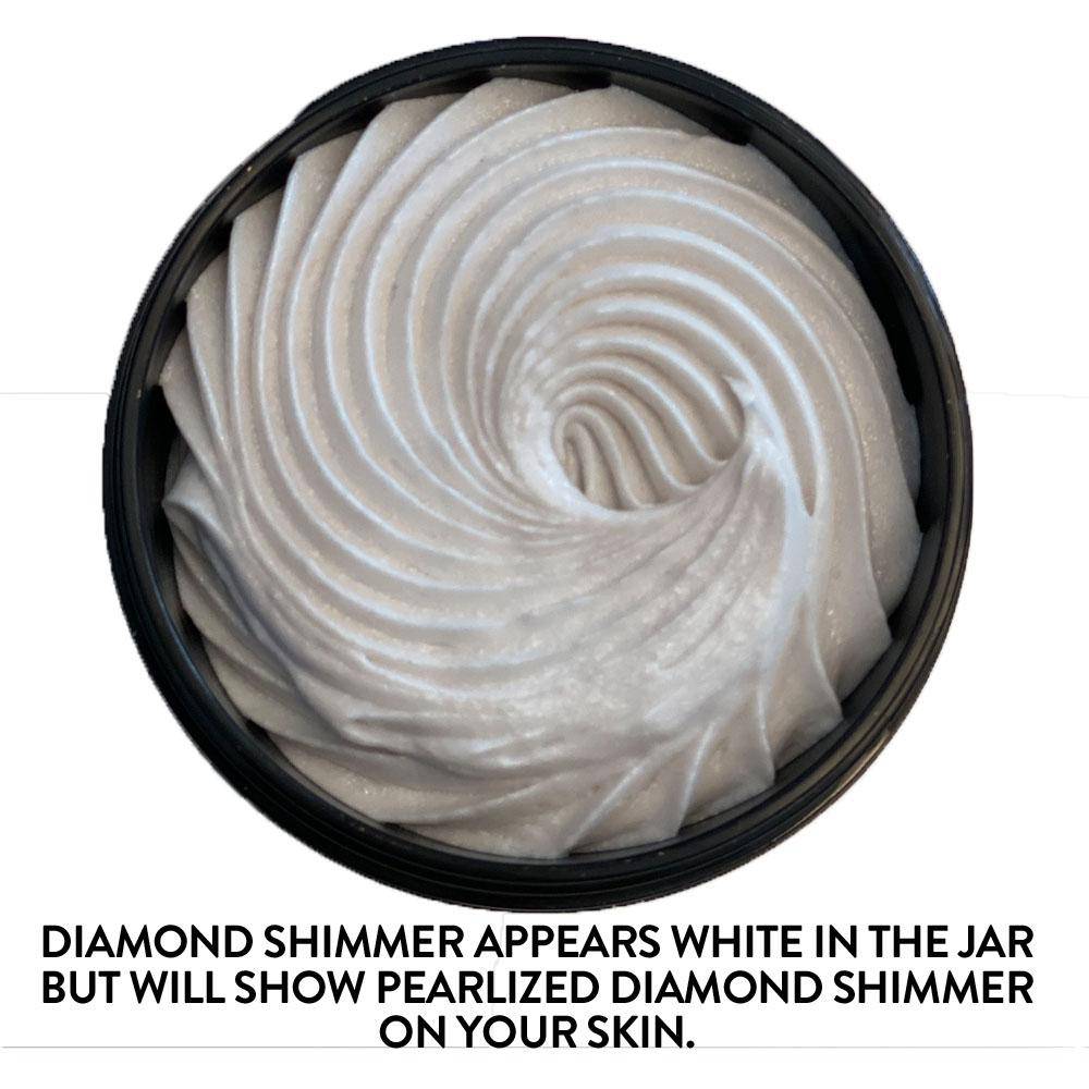 Three 2 oz jars of Glimmer Goddess Organic Shimmering Body Butter in a travel set, featuring shimmering, whipped moisturizing formula.