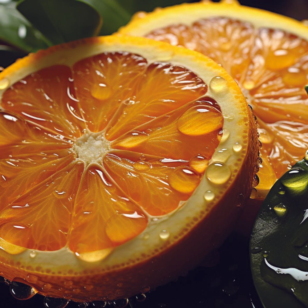 Fresh orange slices with water droplets, highlighting natural vitamin C ingredients