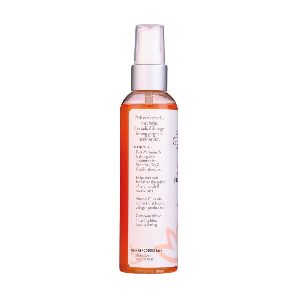 Organic Vitamin C Facial Toner from Glimmer Goddess bottle showing benefits