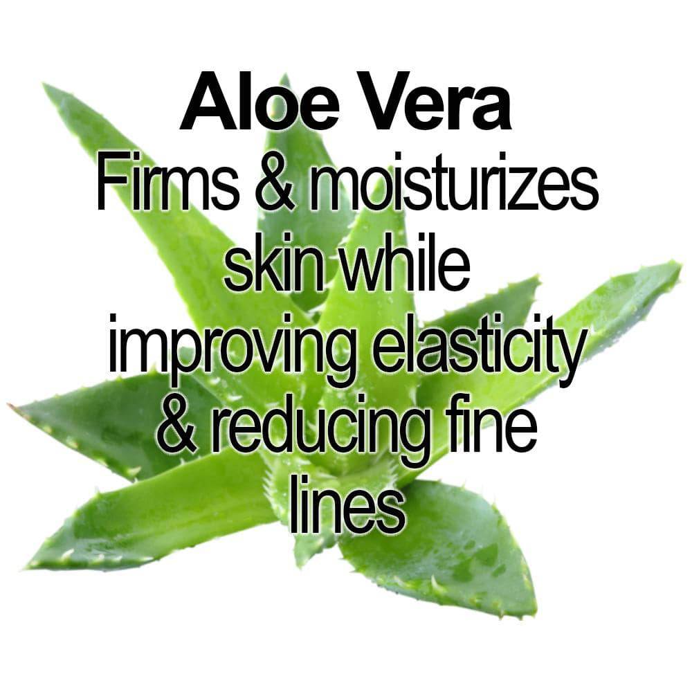 Aloe vera plant with text on how it benefits your skin