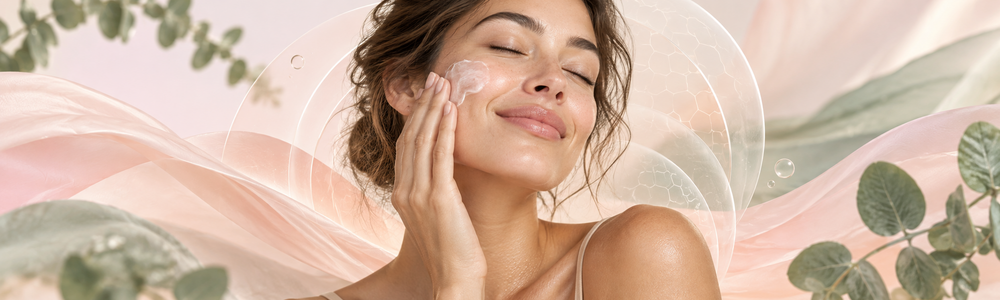 Woman applying moisturizer with a soft protective skin-barrier motif