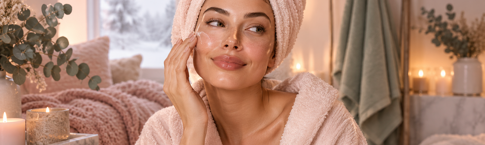 Woman applying an occlusive layer during an evening dry-skin routine