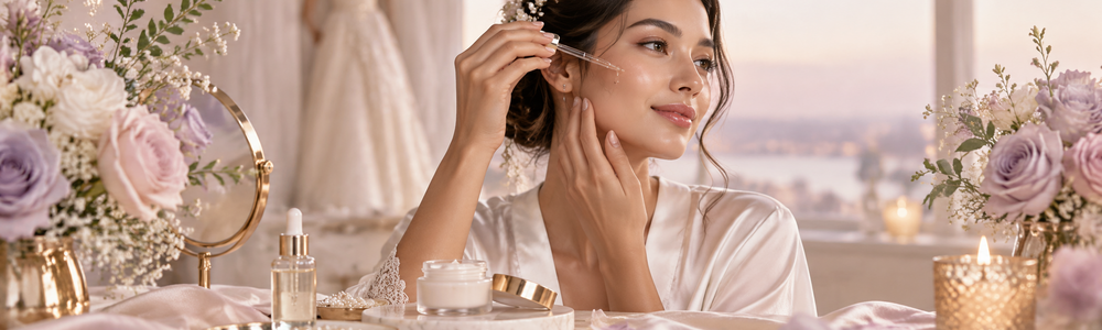 Calm bridal skincare ritual with serum, cream, silk, and flowers