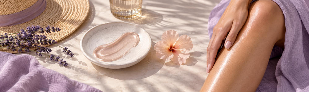 Subtle summer body glow with shimmer lotion texture, hat, and lavender linen