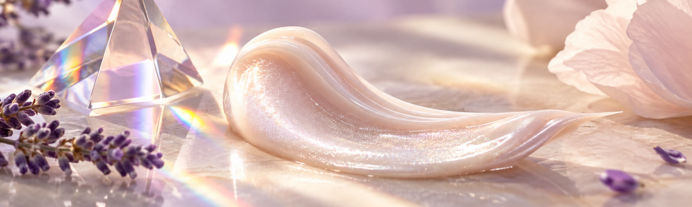 Pearlescent lotion reflecting soft light beside a glass prism