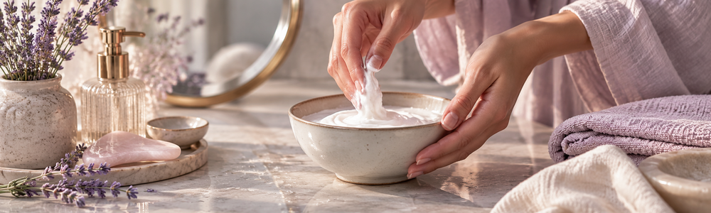Gentle cream cleanser ritual with water, soft cloths, and lavender accents