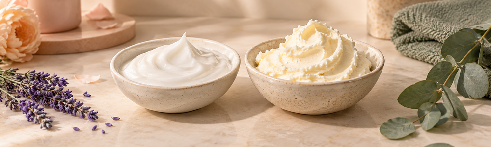 Light lotion and rich body butter textures side by side in a warm skincare setting.