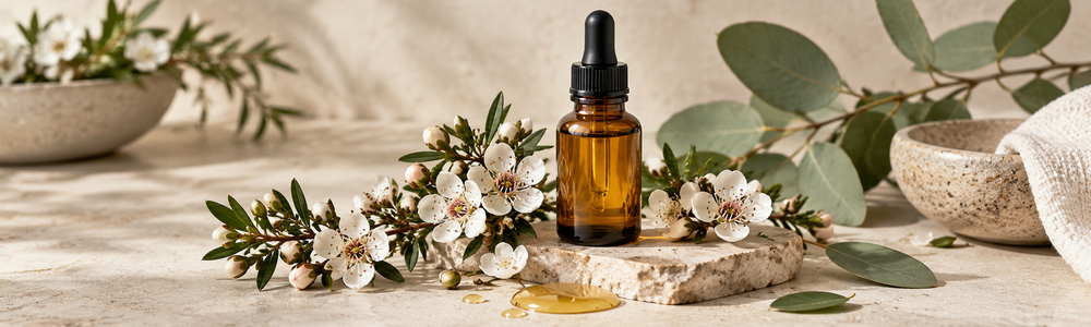 Manuka blossoms and botanical oil in an amber glass dropper bottle