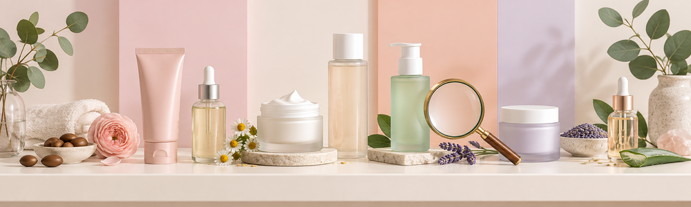 Unlabeled skincare containers arranged for a transparent brand comparison