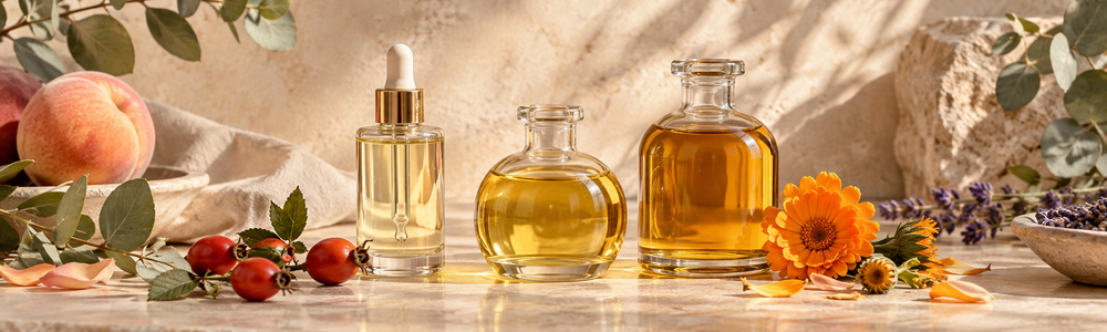 Three botanical body oil textures with rosehip and calendula