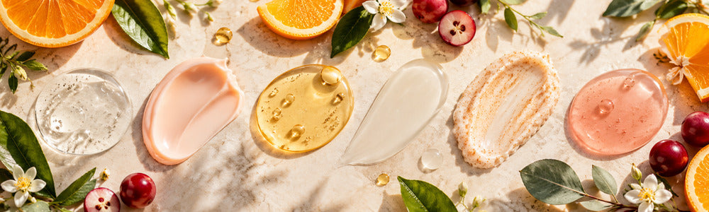 Six-step vitamin C skincare routine textures with citrus and botanical accents
