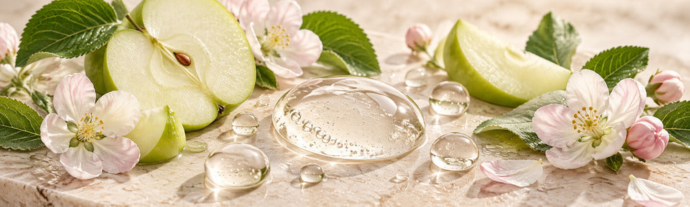 Apple stem cell serum texture with green apples and blossoms