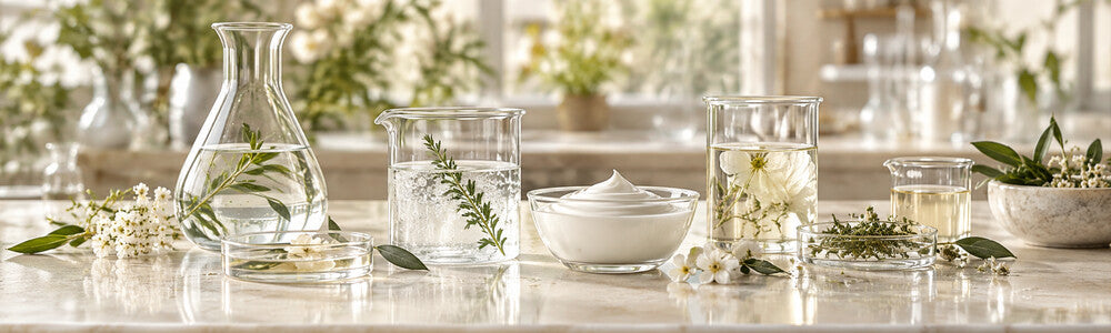 Clean beauty preservative guide with cosmetic laboratory beakers and cream