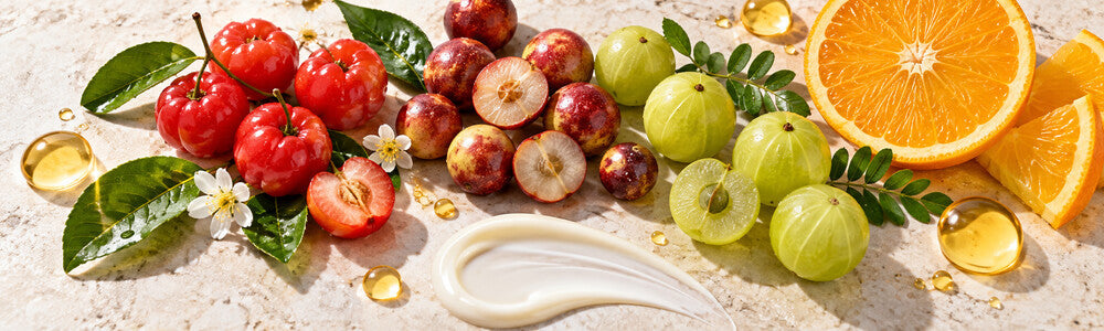 Vitamin C rich fruits and skincare serum textures