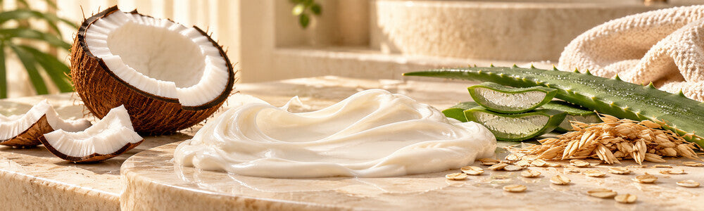 Creamy body lotion texture beside coconut, aloe, and oats in a soft botanical setting.