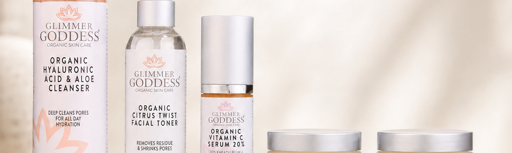 Glimmer Goddess Complete Organic Anti-Wrinkle 5-Step Kit featured in a guide to building a simpler anti-aging skincare routine.