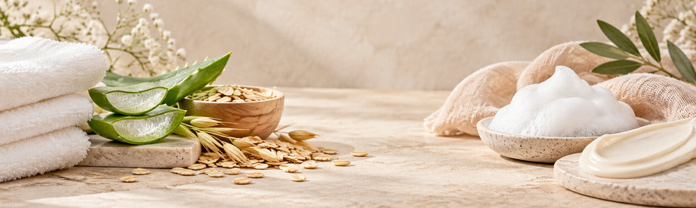 Gentle underarm care ingredients with aloe, oats, cotton, cleansing foam and lotion