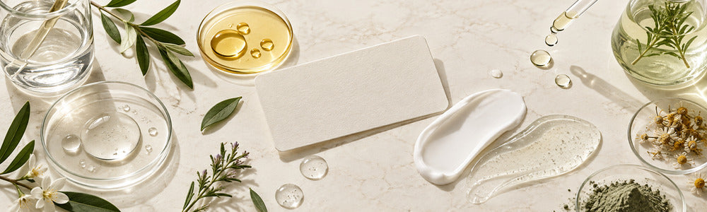 Skincare formulation ingredients, textures and lab glassware for label reading