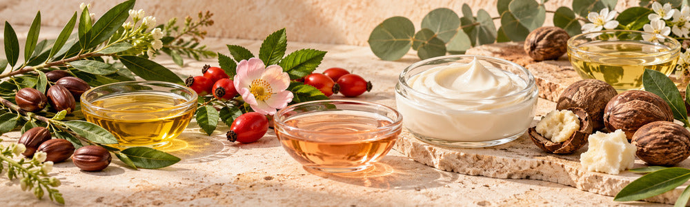 Vegan skincare botanicals with jojoba, rosehip, shea butter and plant oils