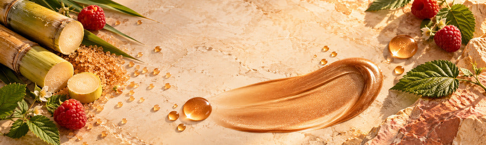 Golden self-tanning lotion texture with sugarcane, raspberry and amber droplets