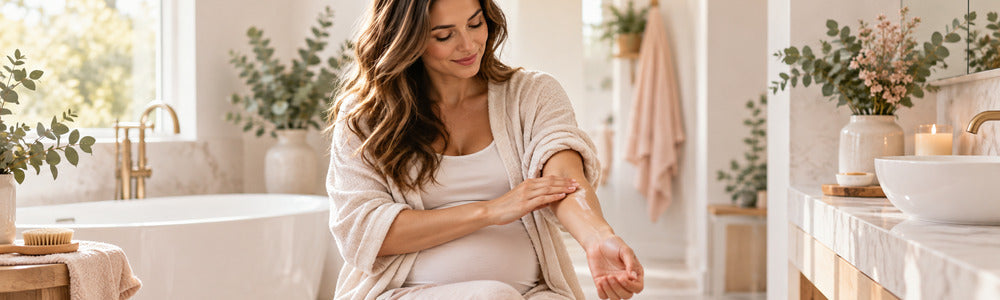 Pregnant woman applying plain lotion to her arm in a calm bright bathroom