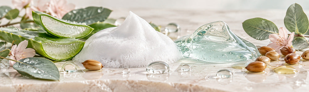Hydrating cleanser foam with aloe, hyaluronic gel, water droplets and jojoba beads