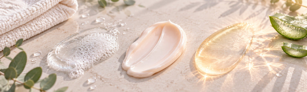 Three-step skincare textures for cleansing, moisturizing and daily protection