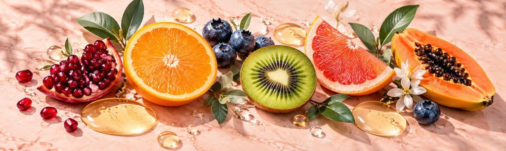 Vitamin C-rich fruits with luminous serum droplets and botanical leaves