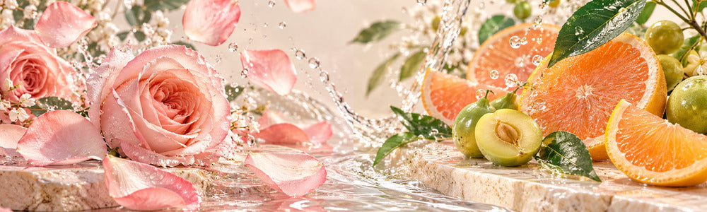 Rose water and citrus toner botanicals with fresh water ribbons