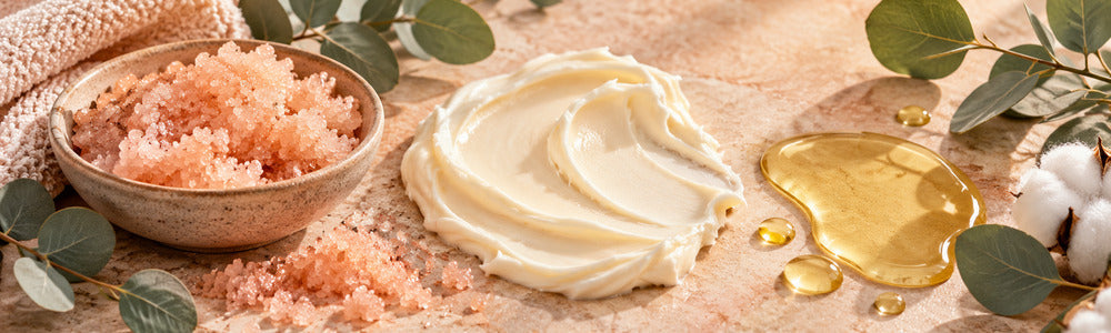 Sugar exfoliant, rich moisturizer and botanical body oil textures