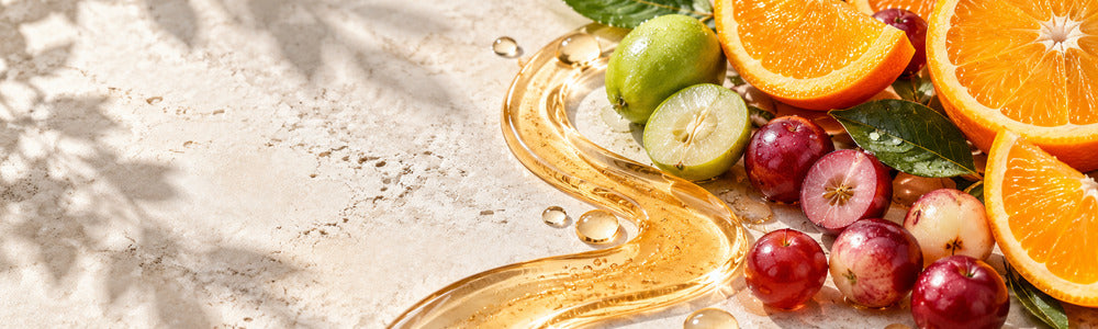 Vitamin C rich fruits with translucent golden serum texture