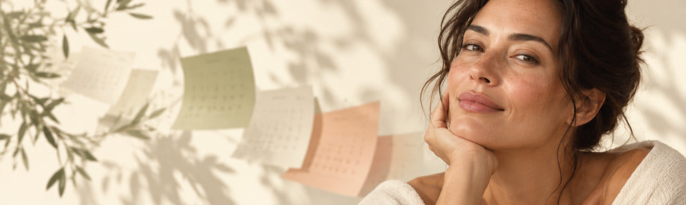 Woman with natural skin tone variation beside subtle calendar pages