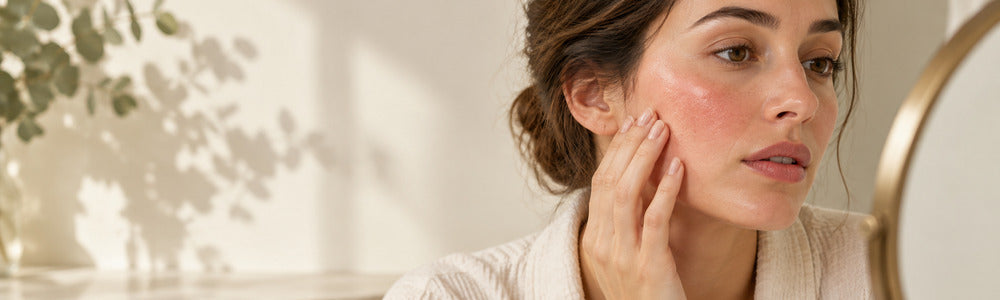 Woman examining mildly dry and sensitive cheek