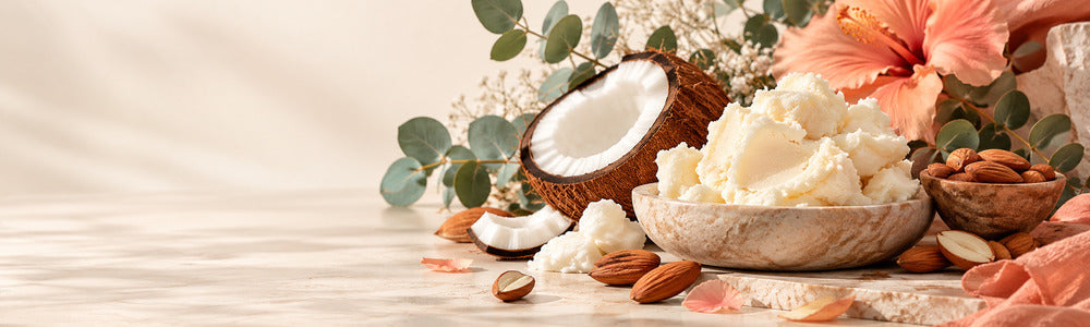 Shea butter, coconut and almonds in a botanical dry-skin still life