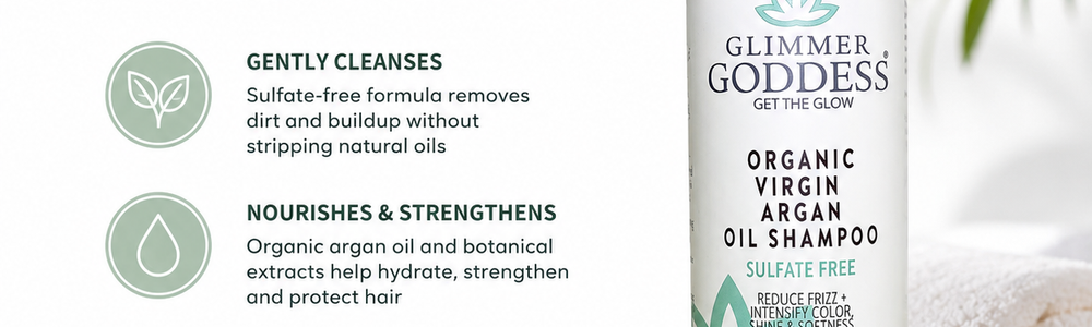 Glimmer Goddess Argan Oil Shampoo featured in a guide to dry hair, frizz and realistic shampoo benefits.