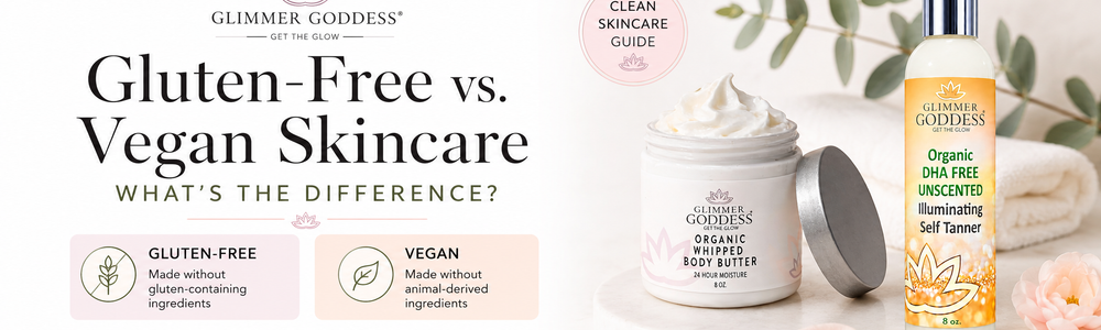 Glimmer Goddess educational guide comparing gluten-free and vegan skincare.