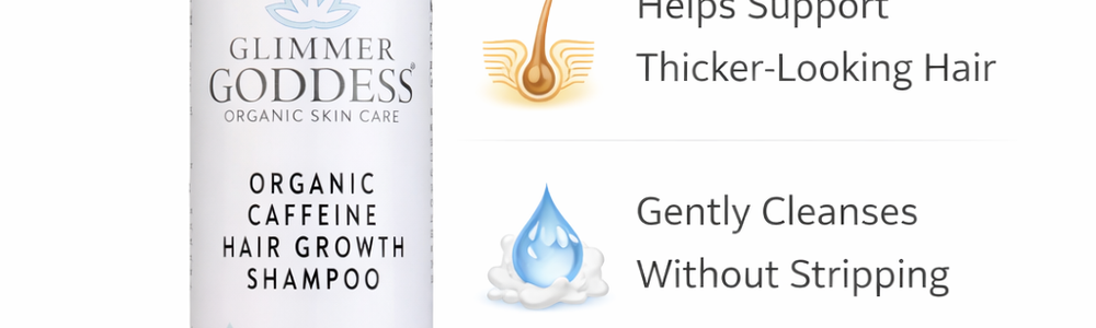 Glimmer Goddess Caffeine Shampoo featured in an evidence-based guide to caffeine and thinning hair.