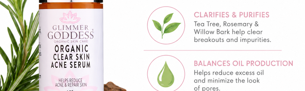 Glimmer Goddess acne-prone skincare featured in a guide to comedogenic ratings and clogged-pore claims.