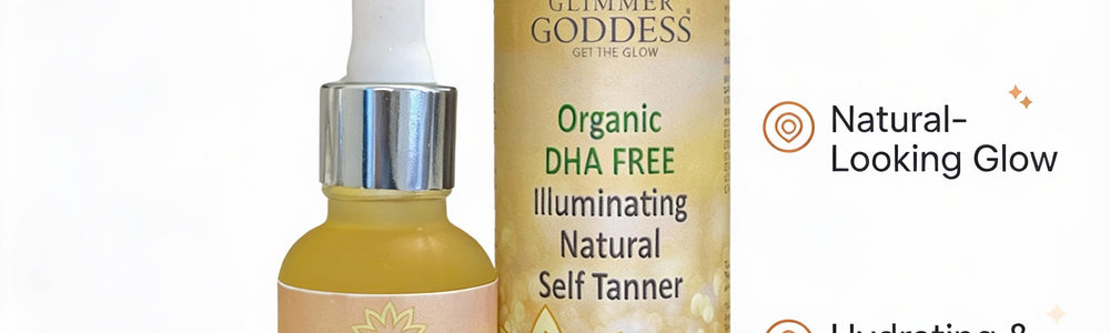 Glimmer Goddess DHA-Free Self Tanner lotion and drops featured in a guide to organic self-tanning claims and application.