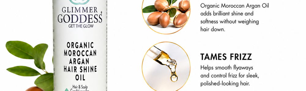 Glimmer Goddess Argan Hair Shine Spray featured in a guide to choosing hair oil for dry hair.
