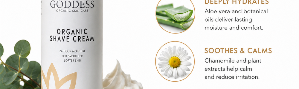 Glimmer Goddess Organic Shave Cream featured in a guide to skincare after shaving and reducing razor irritation.