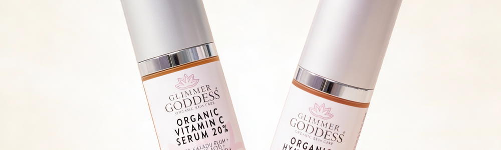 Glimmer Goddess Vitamin C and Hyaluronic Acid serum duo featured in a guide comparing their benefits and layering order.
