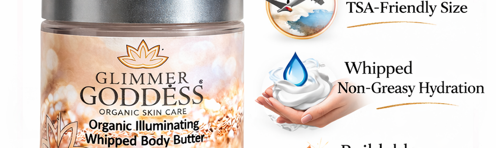 Glimmer Goddess Organic Shimmer Body Butter 2 oz travel size featured in a useful skincare stocking stuffer guide.